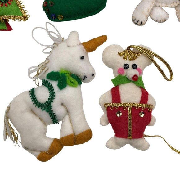 VTG Handmade Christmas Ornaments Felt Sequins Beaded Finished Unicorn Cat Mouse - Picture 3 of 7